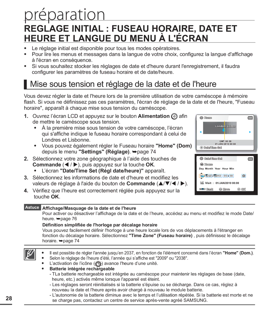 Samsung SMX-C20RP/EDC Mise sous tension et réglage de la date et de lheure, ’écran Date/Time Set Régl date/heure apparaît 