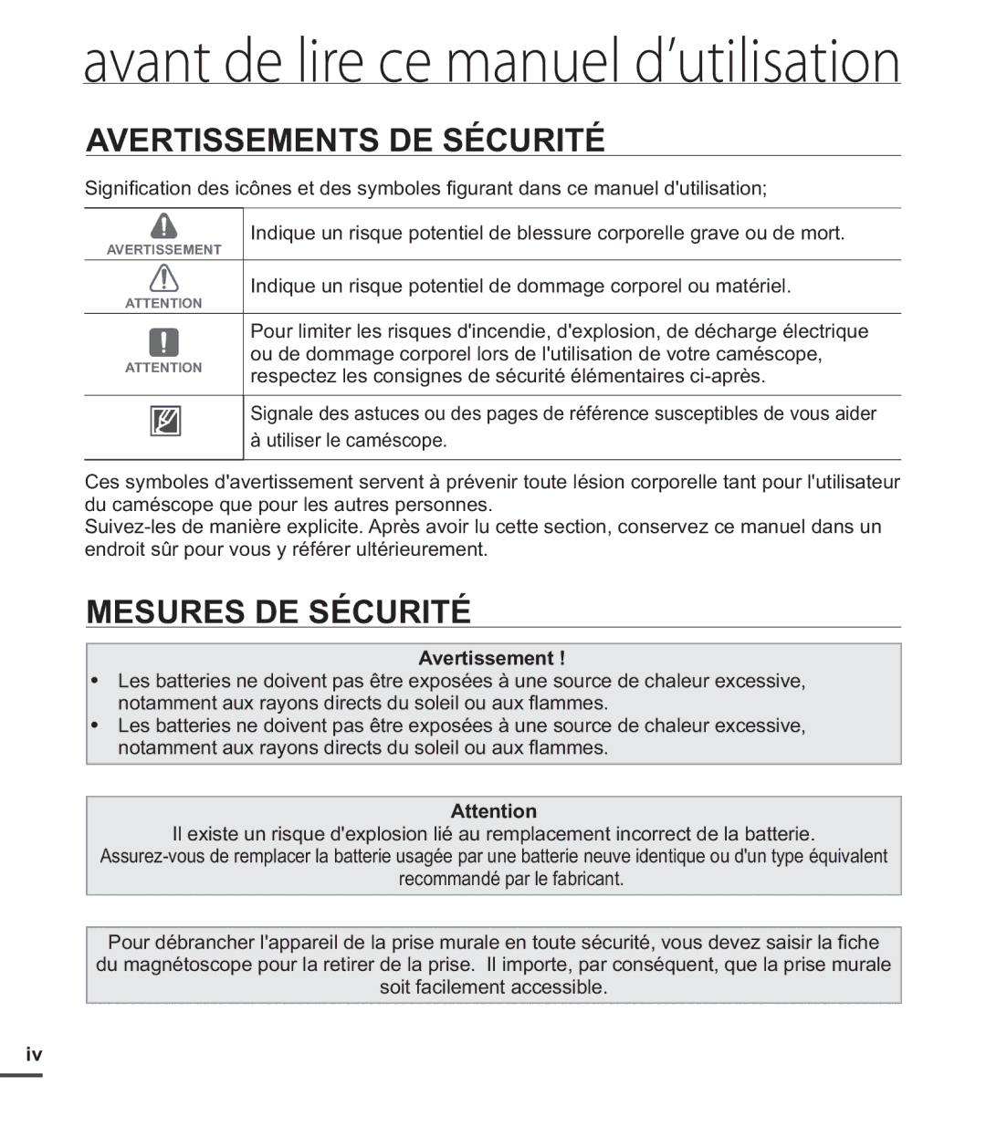 Samsung SMX-C20LN/XAA, SMX-C24BP/EDC, SMX-C200LP/EDC, SMX-C20RP/EDC manual Avertissements DE Sécurité, Mesures DE Sécurité 