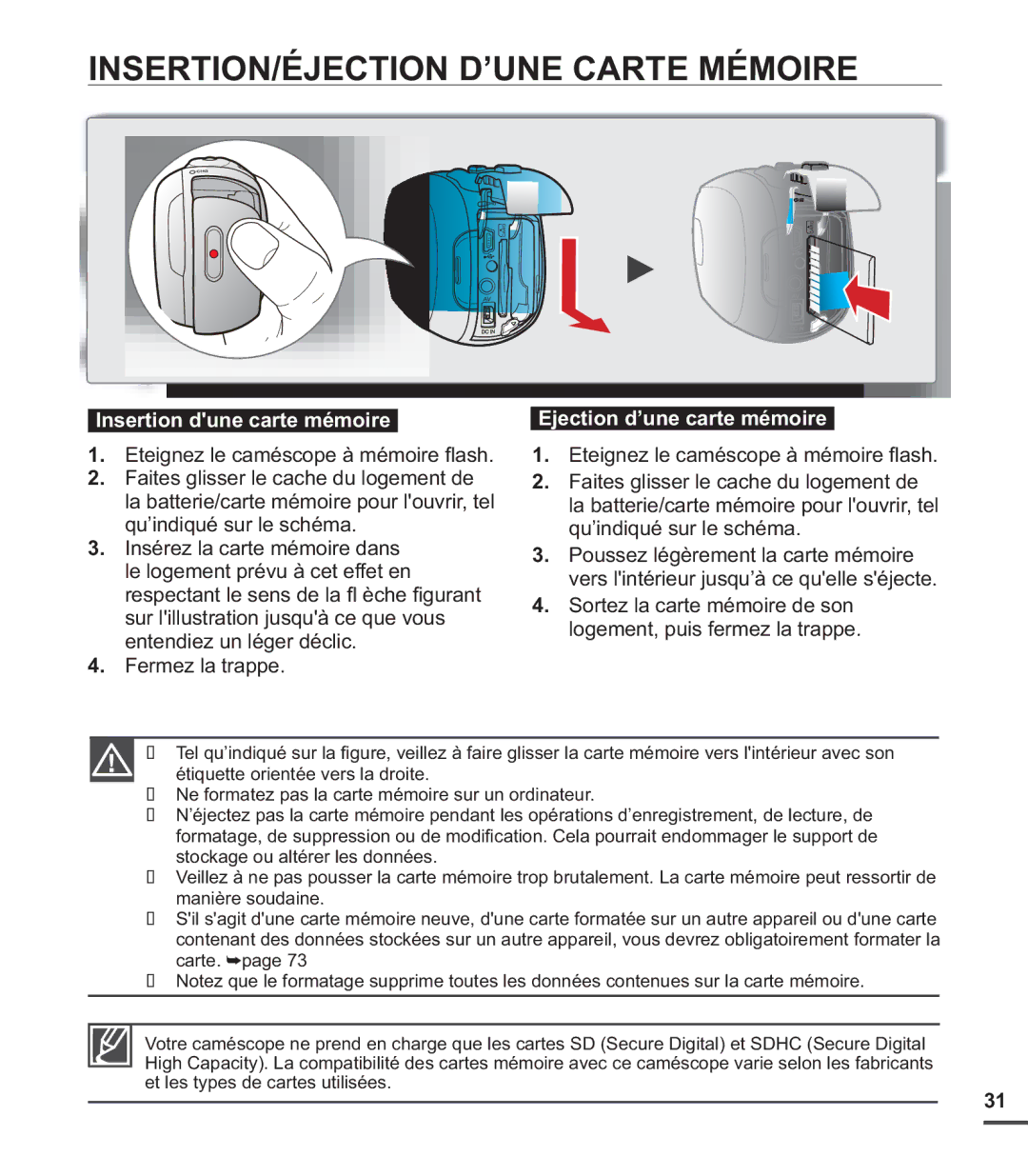 Samsung SMX-C200RP/EDC INSERTION/ÉJECTION D’UNE Carte Mémoire, Insertion dune carte mémoire, Ejection d’une carte mémoire 