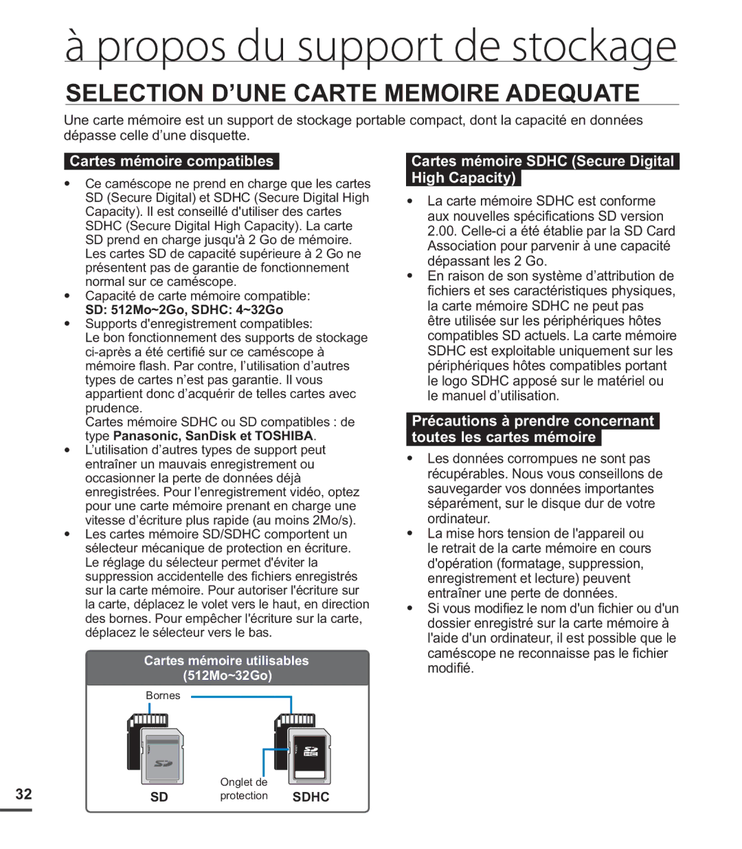 Samsung SMX-C200BP/EDC manual Selection D’UNE Carte Memoire Adequate, Cartes mémoire compatibles, SD 512Mo~2Go, Sdhc 4~32Go 