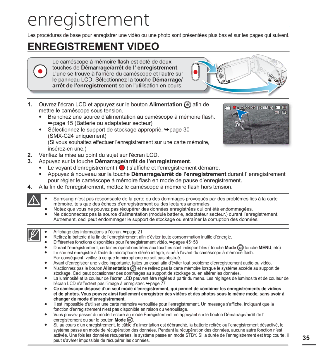 Samsung SMX-C24BP/EDC, SMX-C200LP/EDC manual Enregistrement Video, Appuyez sur la touche Démarrage/arrêt de l’enregistrement 