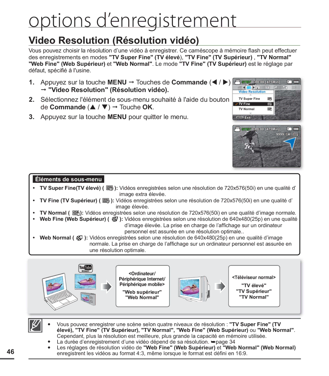 Samsung SMX-C20RP/EDC, SMX-C24BP/EDC, SMX-C200LP/EDC, SMX-C20LP/XEU, SMX-C20LN/XAA manual Video Resolution Résolution vidéo 