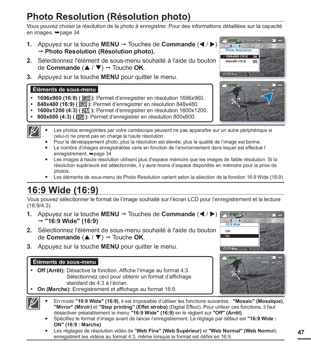 Samsung SMX-C20LP/XEU, SMX-C24BP/EDC, SMX-C200LP/EDC, SMX-C20RP/EDC, SMX-C20LN/XAA Photo Resolution Résolution photo, Wide 