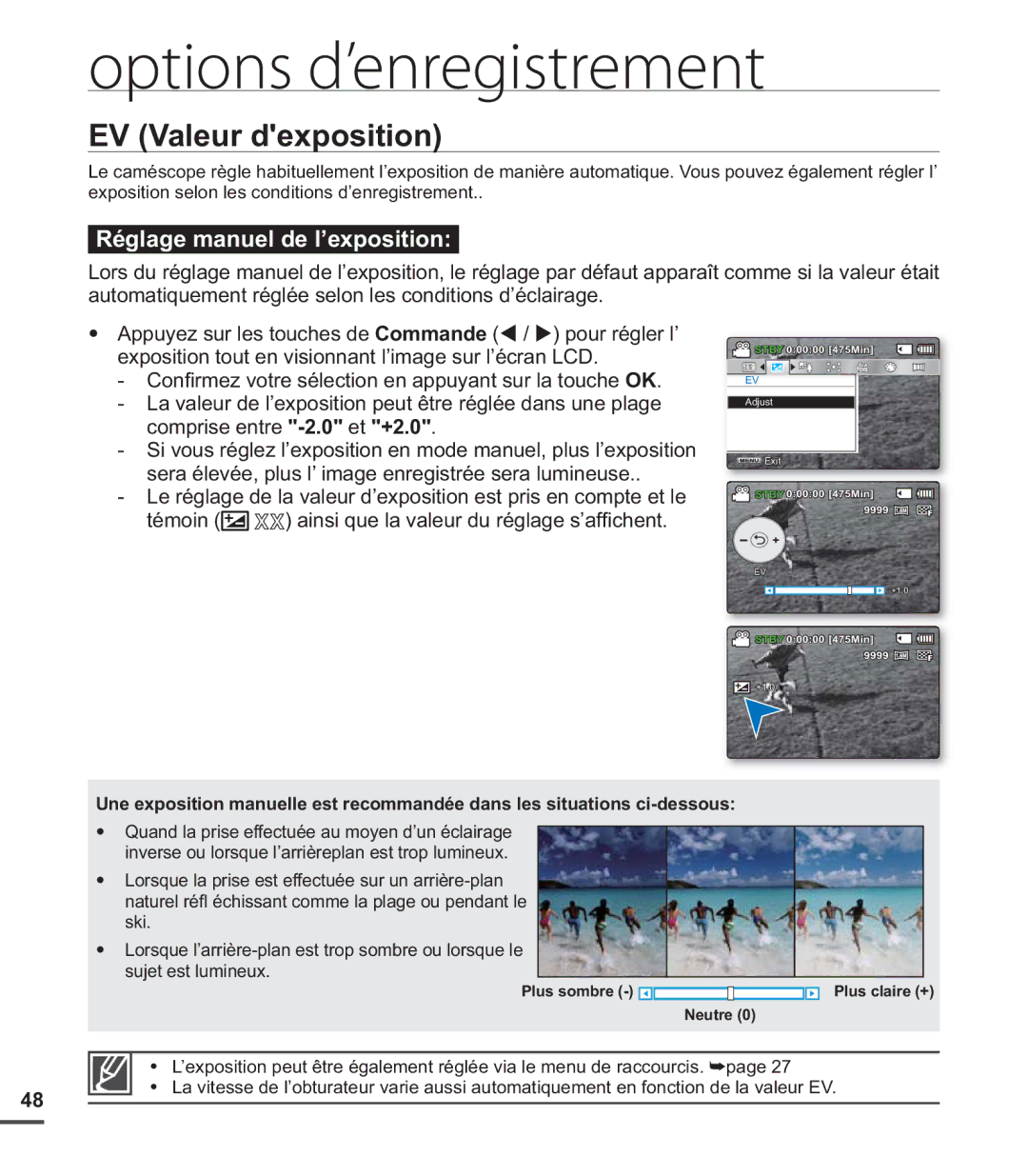 Samsung SMX-C20LN/XAA, SMX-C24BP/EDC, SMX-C200LP/EDC, SMX-C20RP/EDC manual Options d’enregistrement, EV Valeur dexposition 