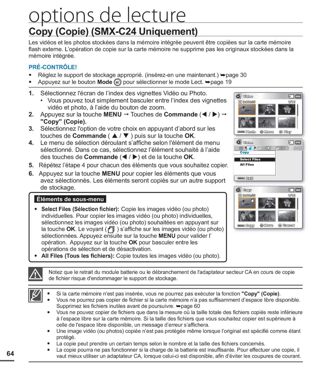 Samsung SMX-C20RP/EDC Copy Copie SMX-C24 Uniquement, Supprimez les ﬁ chiers inutiles avant de poursuivre. ²page, Protégé 