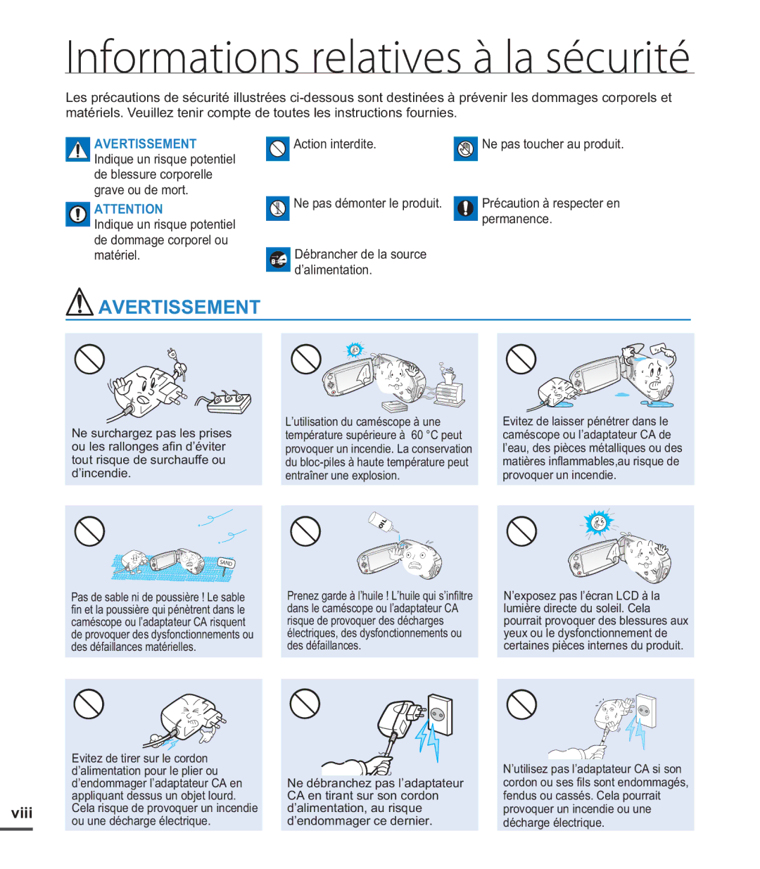 Samsung SMX-C24RP/EDC manual Informations relatives à la sécurité, Débrancher de la source Permanence ’alimentation 