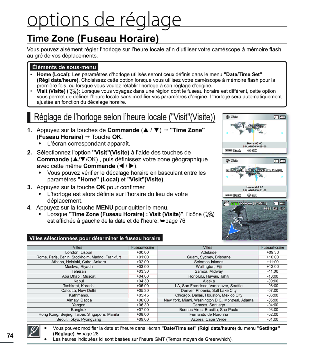 Samsung SMX-C20LP/XEU, SMX-C24BP/EDC, SMX-C200LP/EDC, SMX-C20RP/EDC, SMX-C20LN/XAA, SMX-C200RP/EDC Time Zone Fuseau Horaire 