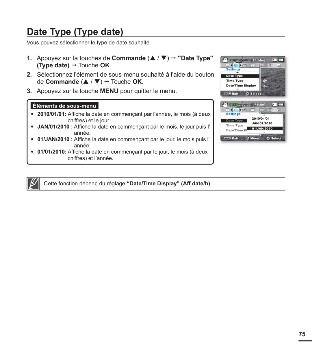 Samsung SMX-C20LN/XAA, SMX-C24BP/EDC, SMX-C200LP/EDC Date Type Type date, Vous pouvez sélectionner le type de date souhaité 