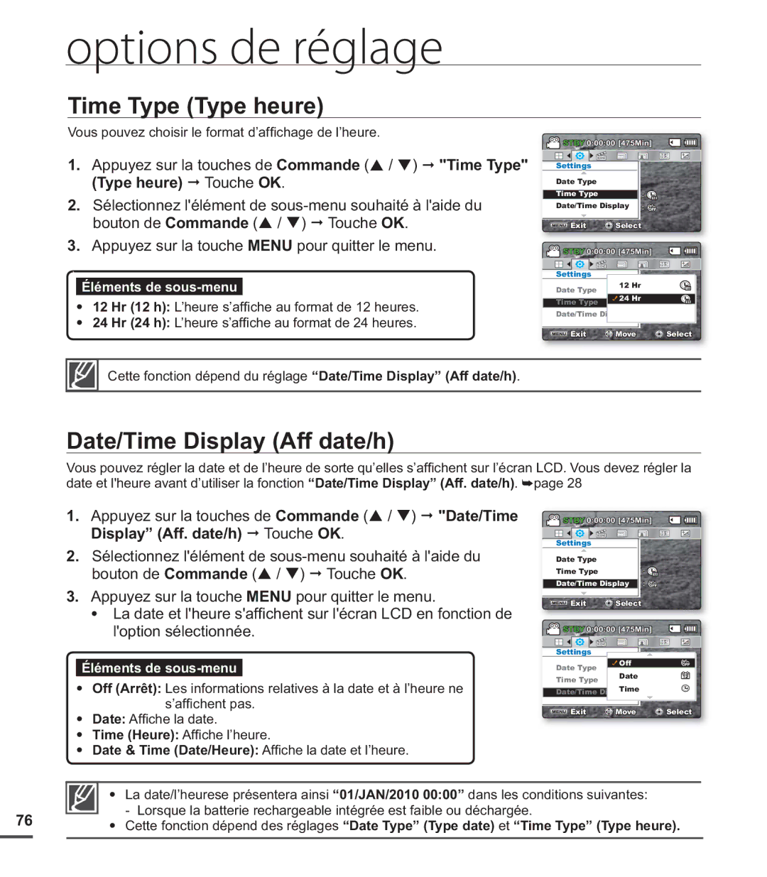 Samsung SMX-C200RP/EDC, SMX-C24BP/EDC, SMX-C200LP/EDC, SMX-C20RP/EDC manual Time Type Type heure, Date/Time Display Aff date/h 