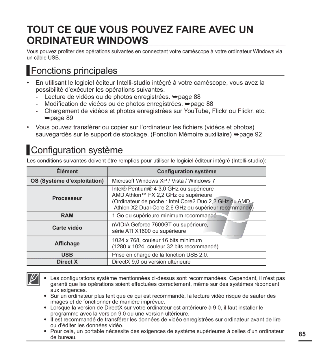 Samsung SMX-C200RP/EDC, SMX-C24BP/EDC manual Tout CE QUE Vous Pouvez Faire Avec UN Ordinateur Windows, Fonctions principales 