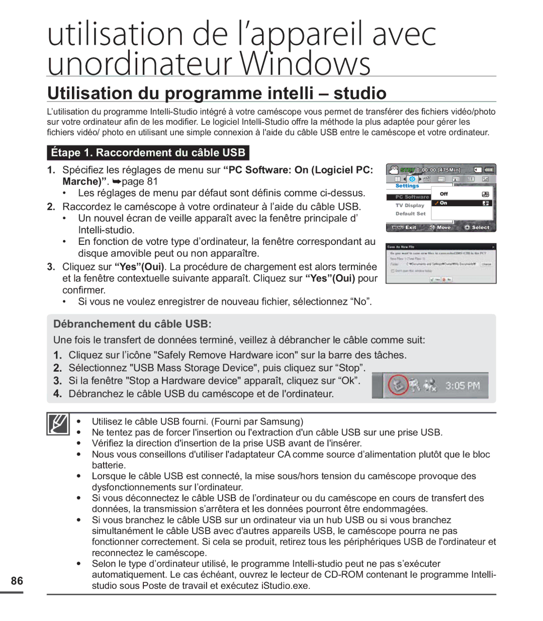 Samsung SMX-C200BP/EDC manual Étape 1. Raccordement du câble USB, Studio sous Poste de travail et exécutez iStudio.exe 