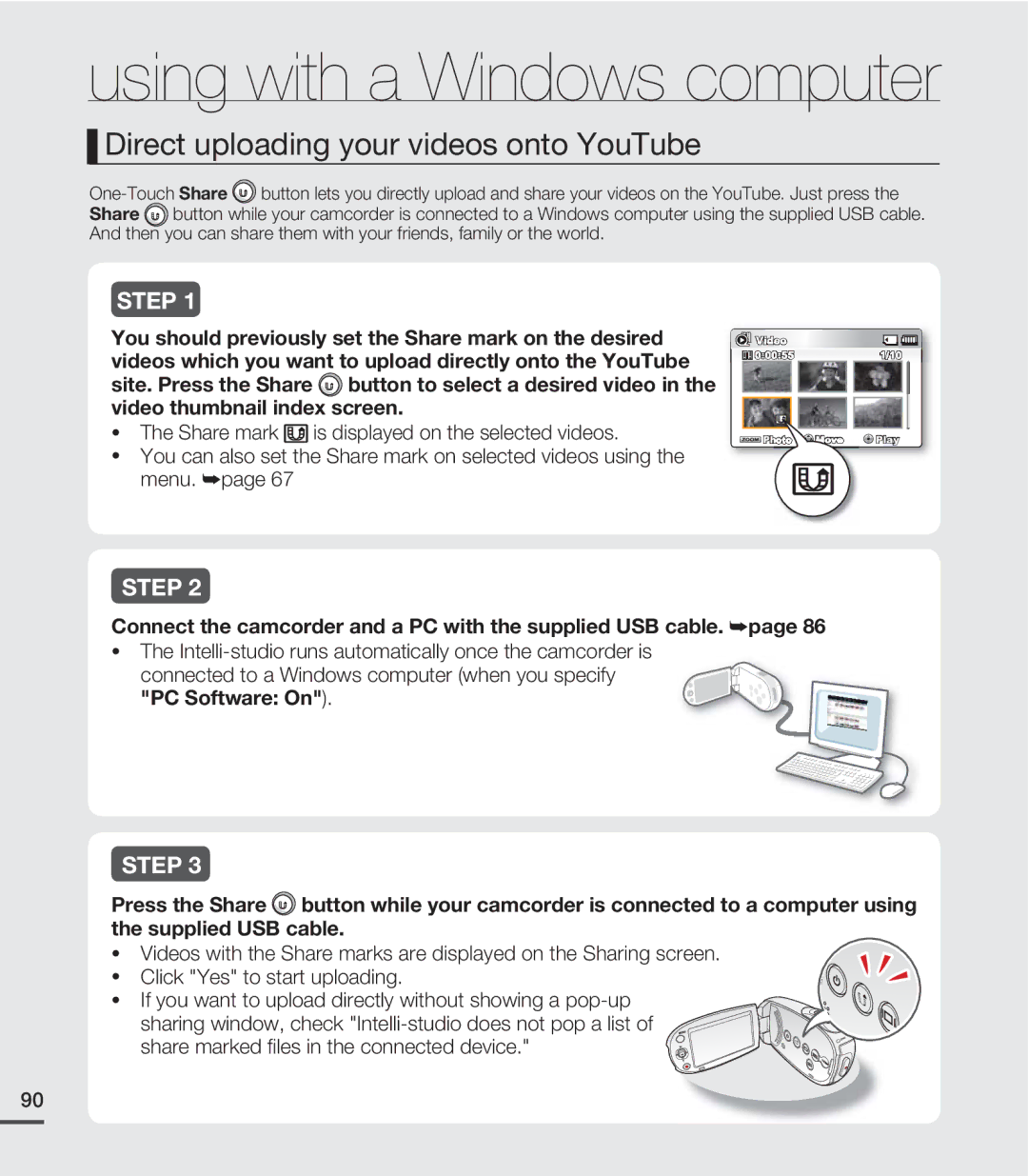 Samsung SMX-C24BP/HAC, SMX-C24BP/EDC, SMX-C200LP/EDC, SMX-C20RP/EDC manual Direct uploading your videos onto YouTube, Step 