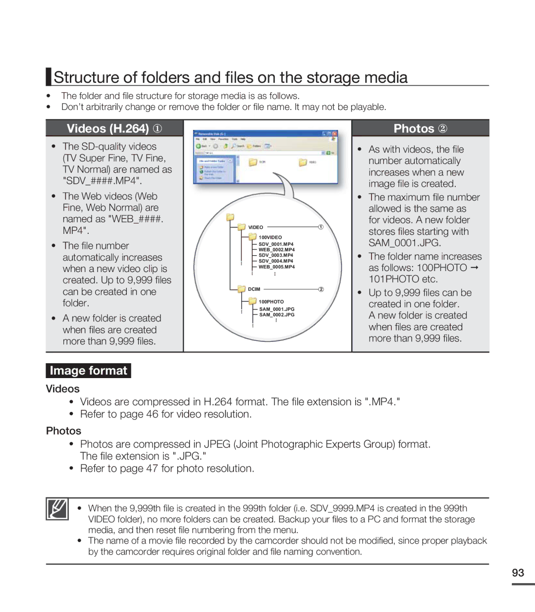 Samsung SMX-C200BP/XSV, SMX-C24BP/EDC, SMX-C200LP/EDC Structure of folders and ﬁles on the storage media, Videos H.264 y 