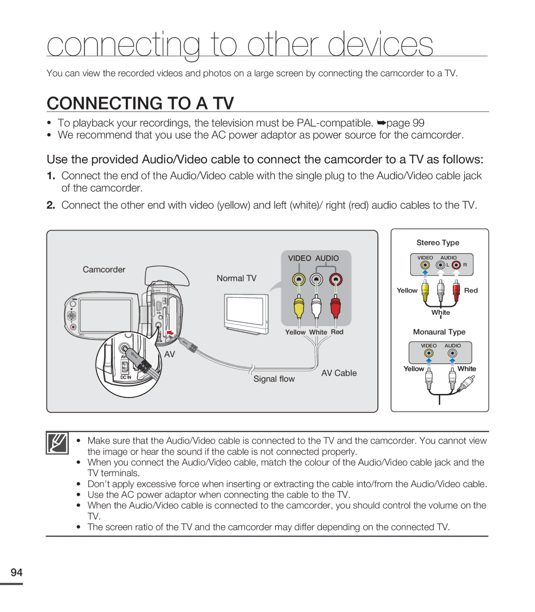 Samsung SMX-C20RP/XSV, SMX-C24BP/EDC, SMX-C200LP/EDC, SMX-C20RP/EDC manual Connecting to other devices, Connecting to a TV 