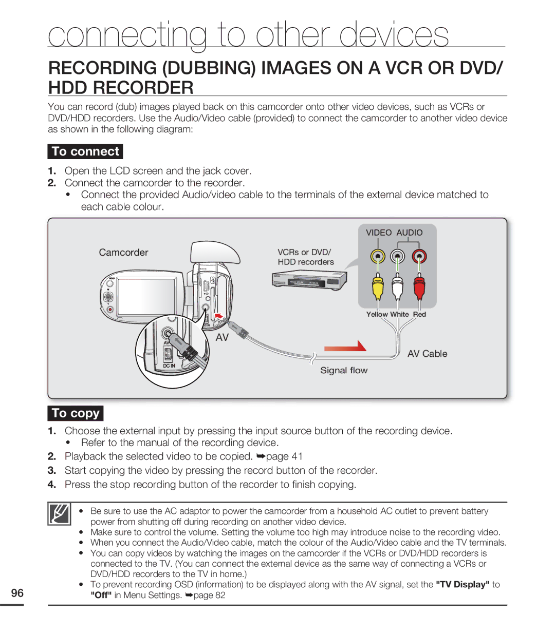 Samsung SMX-C24BP/XER, SMX-C24BP/EDC, SMX-C200LP/EDC Recording Dubbing Images on a VCR or DVD/ HDD Recorder, To connect 