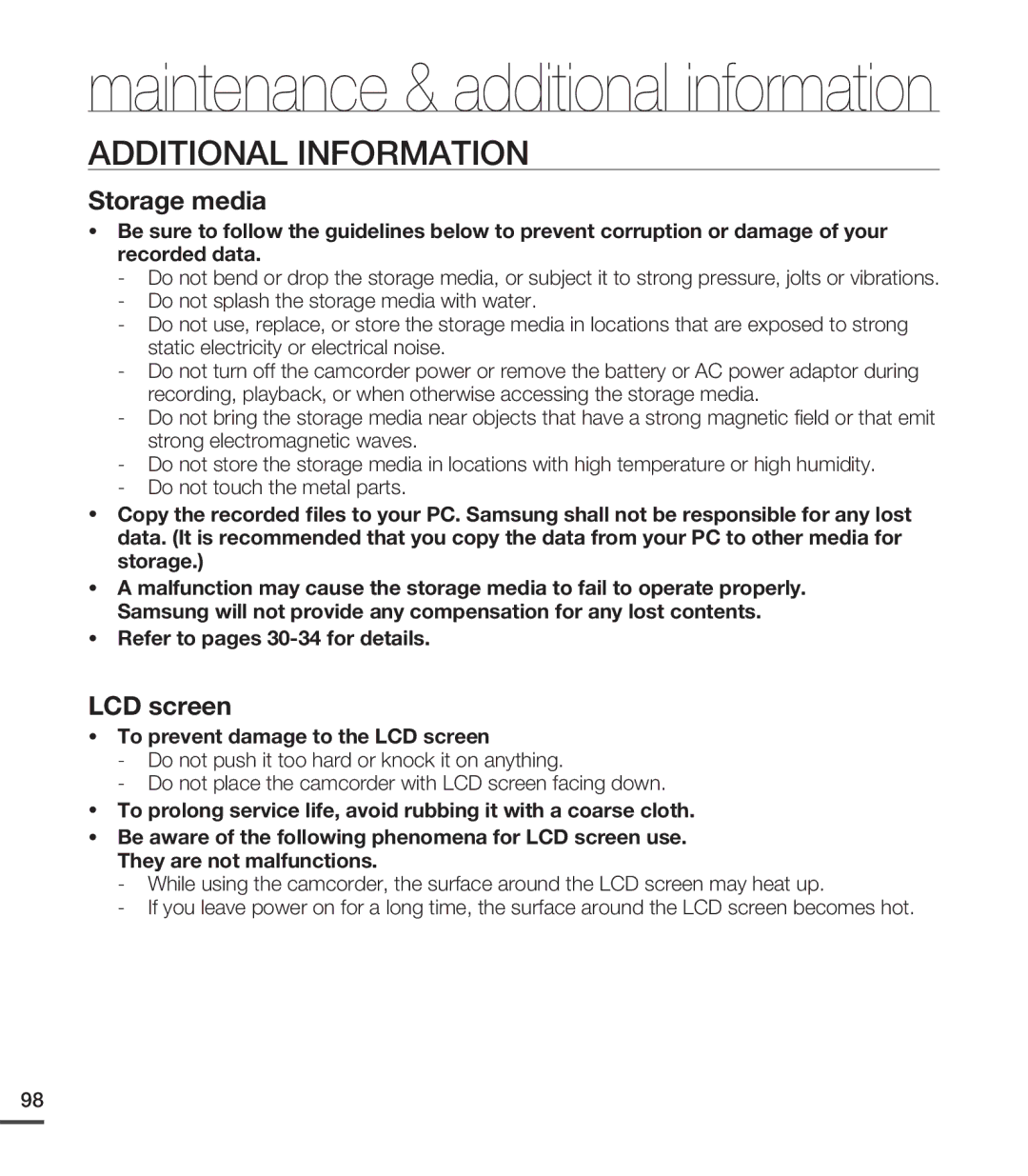 Samsung SMX-C20RP/XER manual Additional Information, Refer to pages 30-34 for details, To prevent damage to the LCD screen 