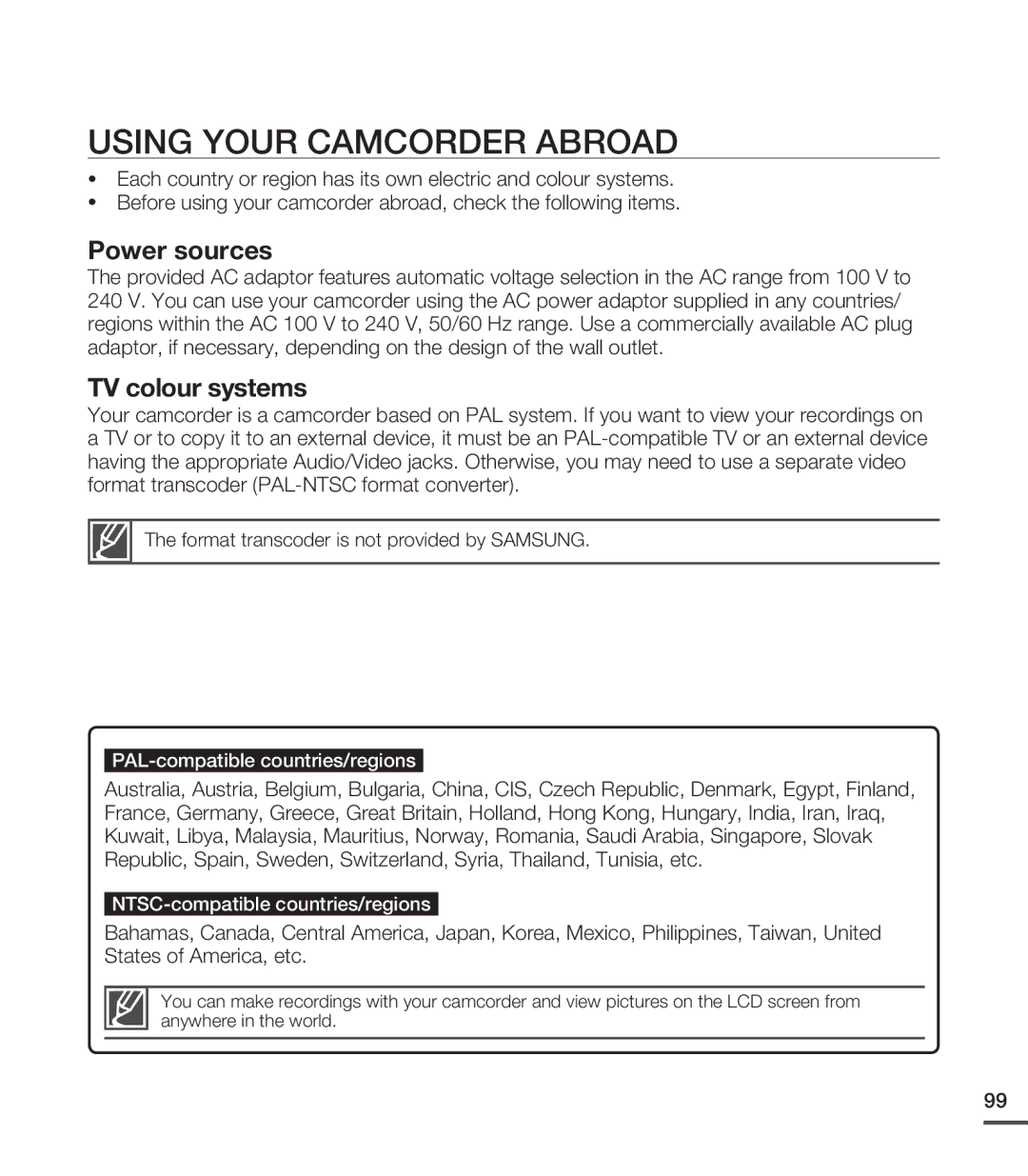 Samsung SMX-C24RP/XER, SMX-C24BP/EDC, SMX-C200LP/EDC, SMX-C20RP/EDC, SMX-C20LP/XEU Using Your Camcorder Abroad, Power sources 