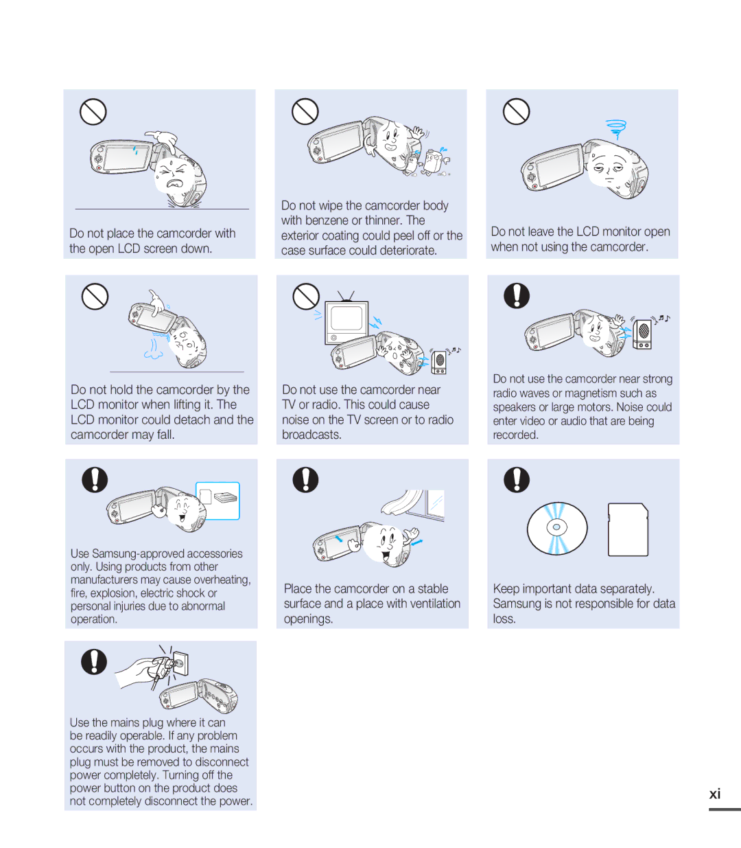 Samsung SMX-C24LP/EDC, SMX-C24BP/EDC, SMX-C200LP/EDC, SMX-C20RP/EDC Do not place the camcorder with the open LCD screen down 