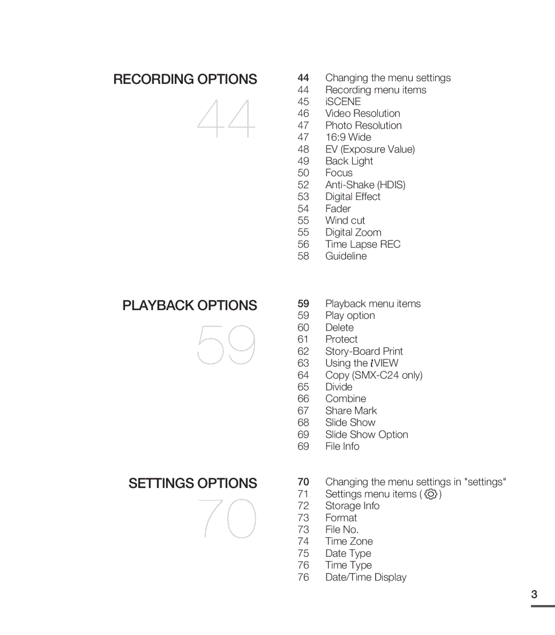 Samsung SMX-C20BP/MEA, SMX-C24BP/EDC, SMX-C200LP/EDC, SMX-C20RP/EDC, SMX-C20LP/XEU, SMX-C20LN/XAA manual Playback Options 