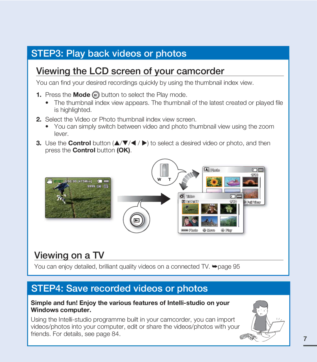 Samsung SMX-C24RP/SAH, SMX-C24BP/EDC, SMX-C200LP/EDC manual Viewing the LCD screen of your camcorder, Viewing on a TV 