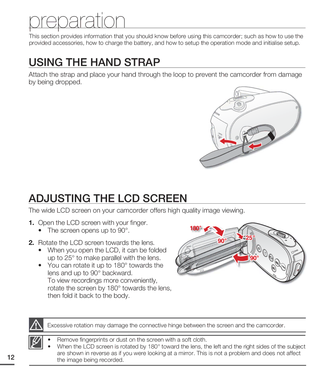 Samsung SMX-C24BP/HAC, SMX-C24BP/EDC, SMX-C200LP/EDC manual Preparation, Using the Hand Strap, Adjusting the LCD Screen 