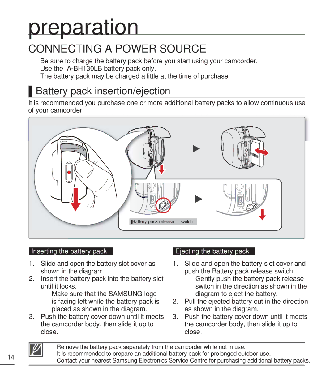 Samsung SMX-C200RP/XSV, SMX-C24BP/EDC, SMX-C200LP/EDC manual Connecting a Power Source, Battery pack insertion/ejection 