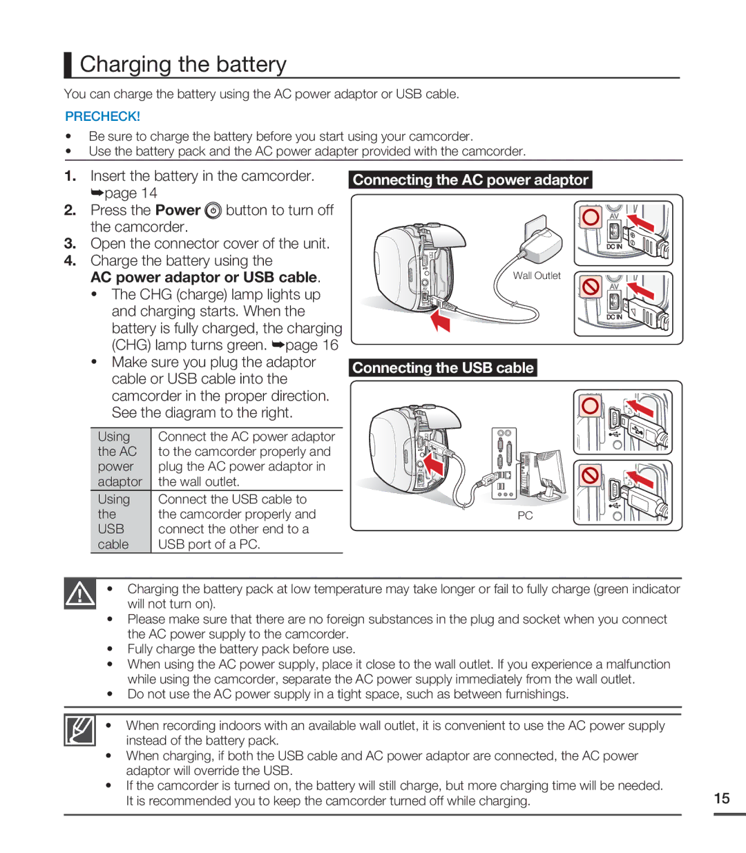 Samsung SMX-C200BP/XSV, SMX-C24BP/EDC, SMX-C200LP/EDC, SMX-C20RP/EDC Charging the battery, AC power adaptor or USB cable 