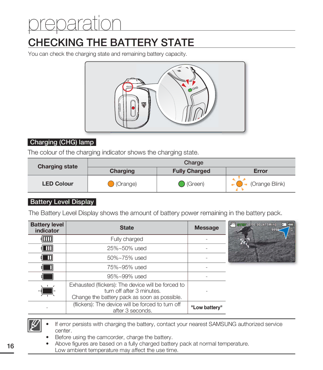 Samsung SMX-C20RP/XSV, SMX-C24BP/EDC manual Checking the Battery State, Charge Charging Fully Charged Error, Orange Green 