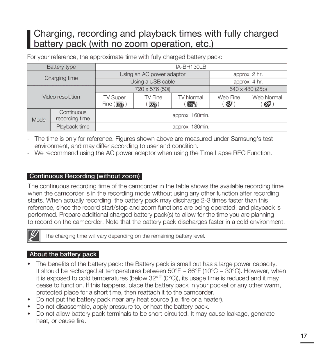 Samsung SMX-C20BP/XEB, SMX-C24BP/EDC, SMX-C200LP/EDC, SMX-C20RP/EDC, SMX-C20LP/XEU manual Continuous Recording without zoom 