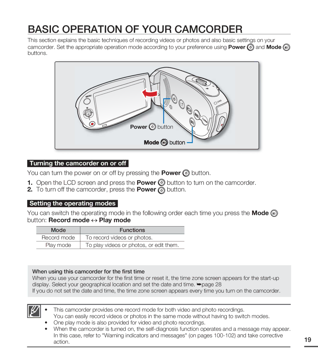 Samsung SMX-C20BP/XEK, SMX-C24BP/EDC, SMX-C200LP/EDC Basic Operation of Your Camcorder, Turning the camcorder on or off 