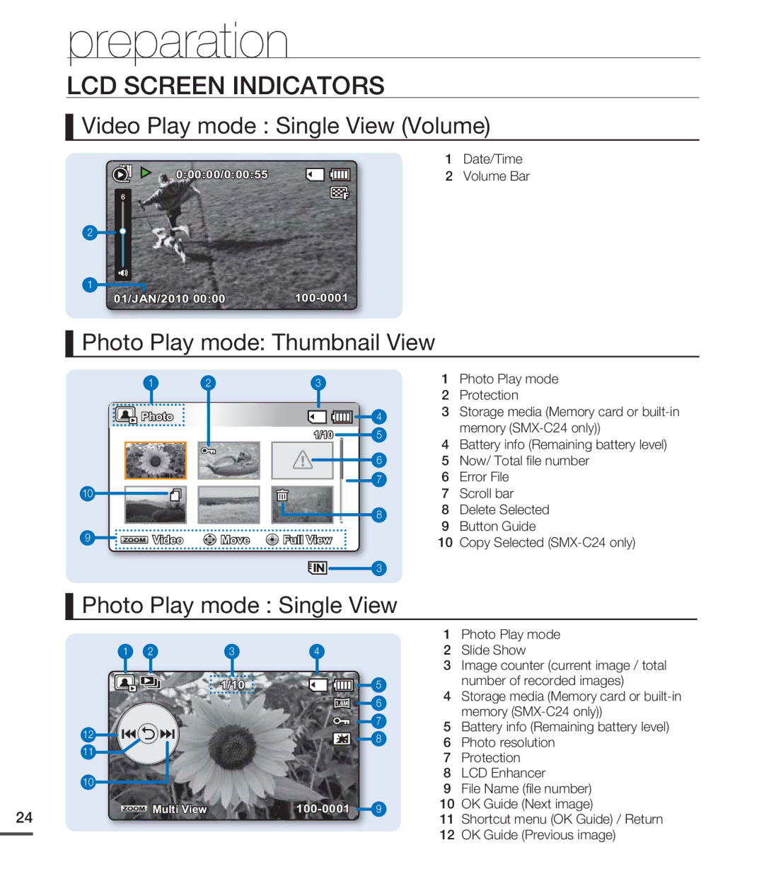 Samsung SMX-C20RP/XIL Video Play mode Single View Volume, Photo Play mode Thumbnail View, Photo Play mode Single View 