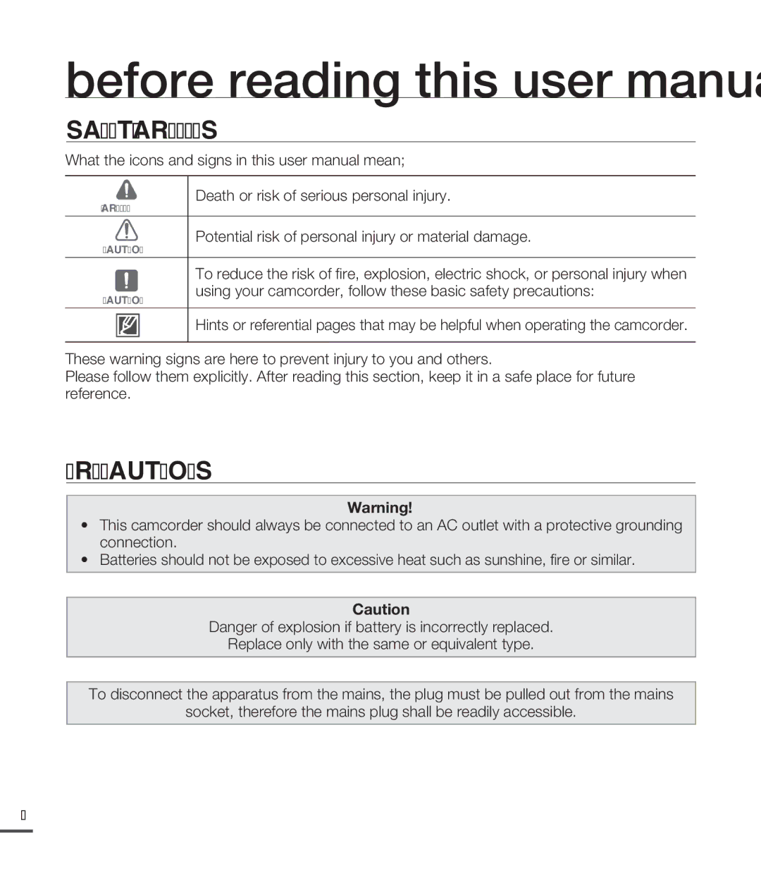 Samsung SMX-C20LN/XAA, SMX-C24BP/EDC, SMX-C200LP/EDC, SMX-C20RP/EDC, SMX-C20LP/XEU, SMX-C20RP/MEA Safety Warnings, Precautions 