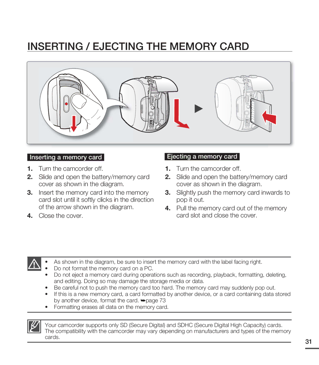 Samsung SMX-C20RP/EDC, SMX-C24BP/EDC Inserting / Ejecting the Memory Card, Inserting a memory card Ejecting a memory card 