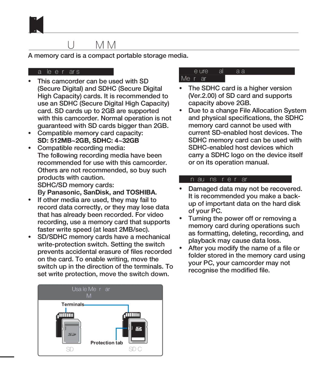 Samsung SMX-C20LP/XEU Selecting a Suitable Memory Card, SD 512MB~2GB, Sdhc 4~32GB, By Panasonic, SanDisk, and Toshiba 