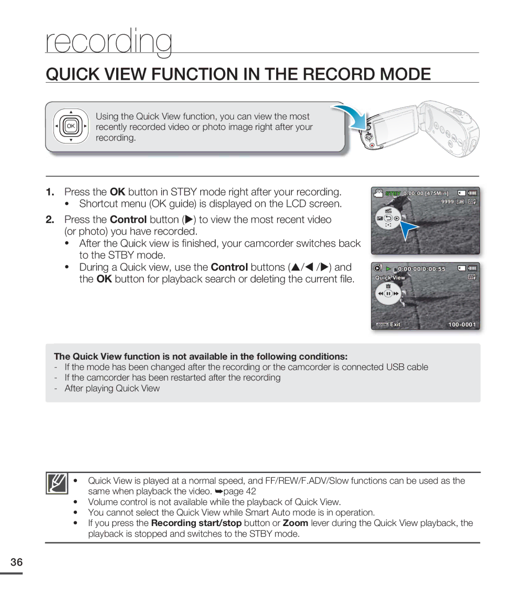 Samsung SMX-C20RP/MEA, SMX-C24BP/EDC, SMX-C200LP/EDC, SMX-C20RP/EDC, SMX-C20LP/XEU Quick View Function in the Record Mode 