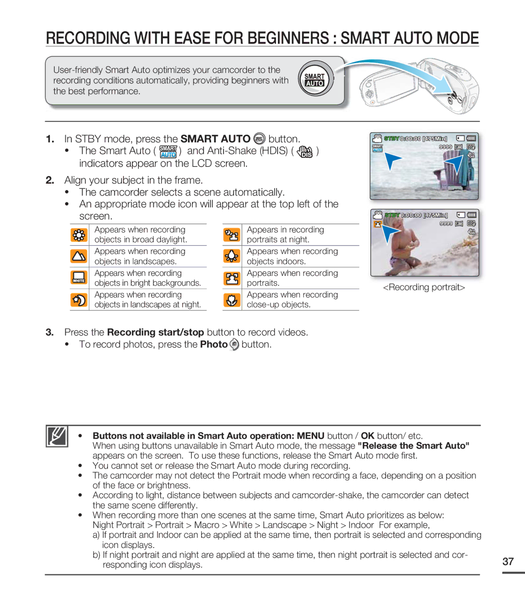 Samsung SMX-C24RP/EDC, SMX-C24BP/EDC, SMX-C200LP/EDC, SMX-C20RP/EDC manual Recording with Ease for Beginners Smart Auto Mode 