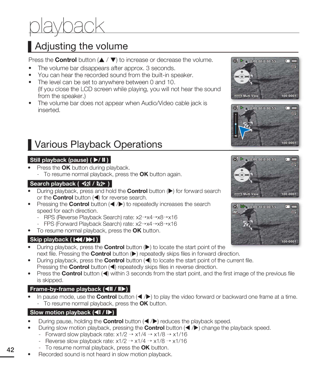 Samsung SMX-C20BP/MEA, SMX-C24BP/EDC, SMX-C200LP/EDC, SMX-C20RP/EDC manual Adjusting the volume, Various Playback Operations 