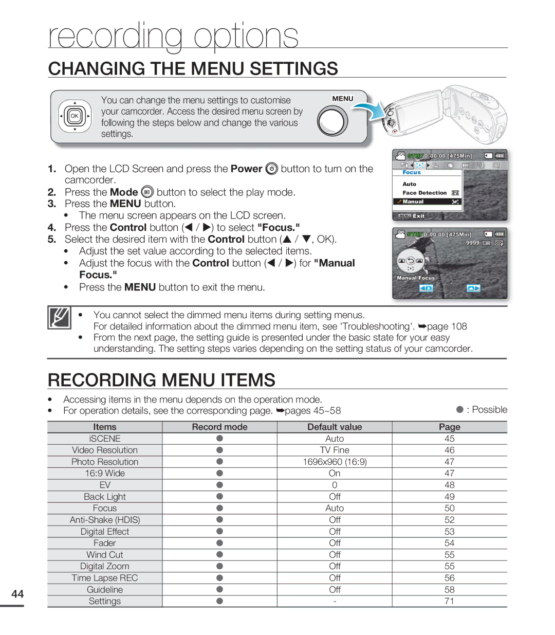 Samsung SMX-C20LP/MEA, SMX-C24BP/EDC, SMX-C200LP/EDC Recording options, Changing the Menu Settings, Recording Menu Items 