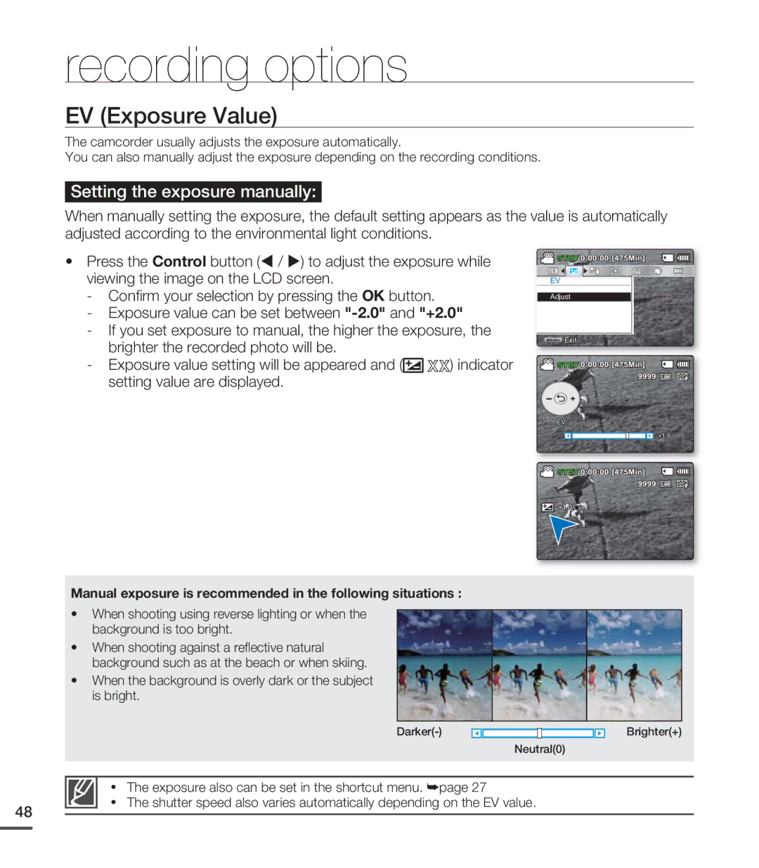 Samsung SMX-C20BP/AAW, SMX-C24BP/EDC manual EV Exposure Value, Manual exposure is recommended in the following situations 