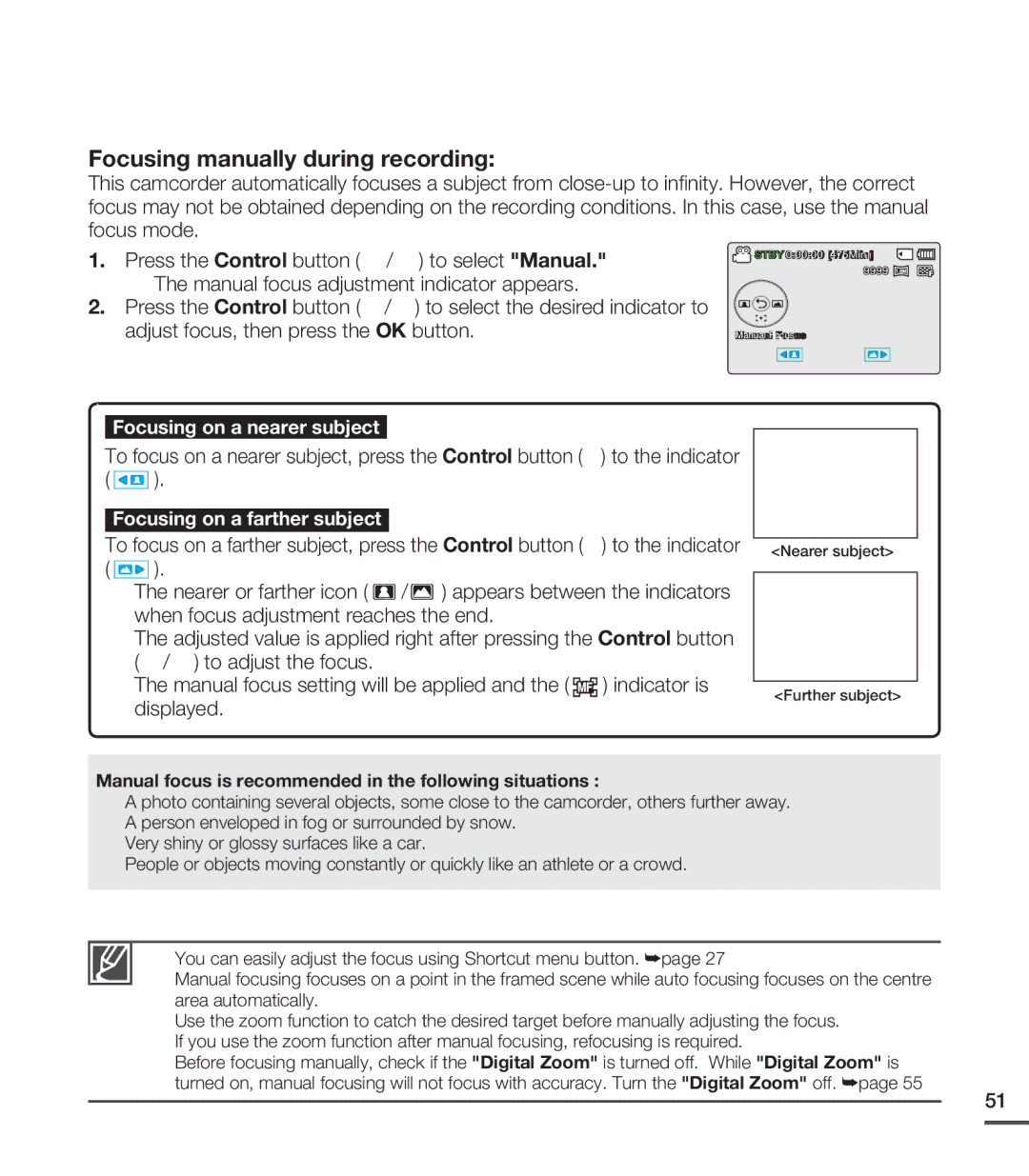 Samsung SMX-C24BP/HAC Focusing manually during recording, Manual focus is recommended in the following situations 