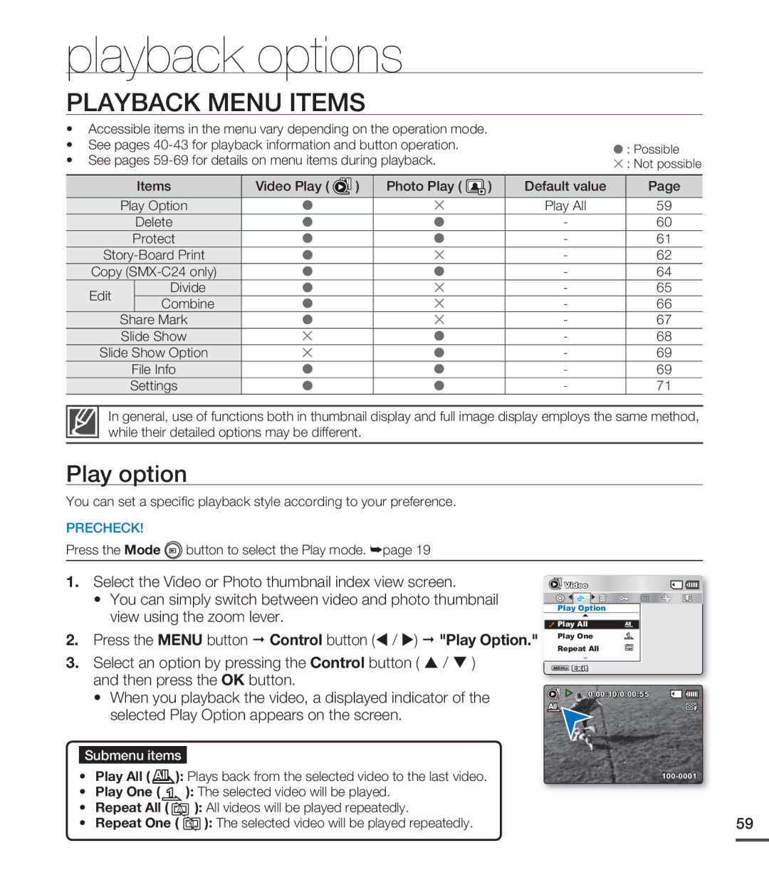 Samsung SMX-C20RP/XER, SMX-C24BP/EDC, SMX-C200LP/EDC, SMX-C20RP/EDC manual Playback options, Playback Menu Items, Play option 