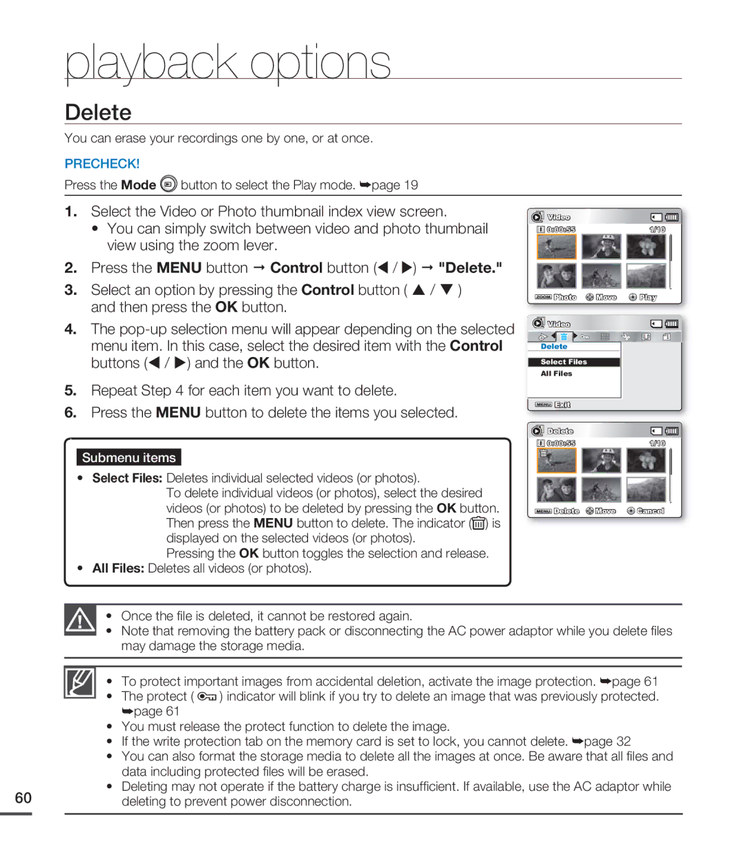 Samsung SMX-C24RP/XER, SMX-C24BP/EDC, SMX-C200LP/EDC manual Select Files Deletes individual selected videos or photos 