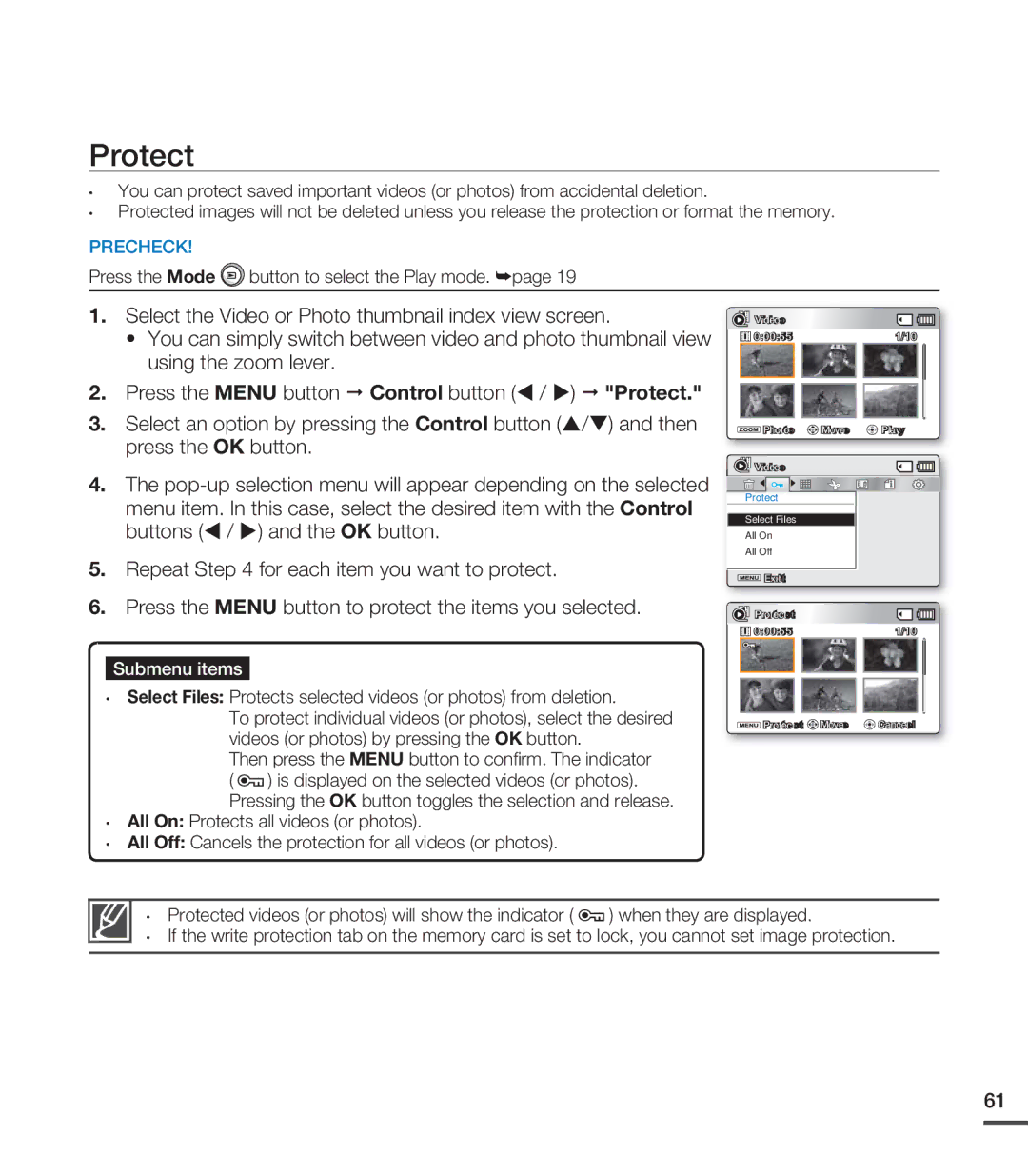 Samsung SMX-C24BP/XEK, SMX-C24BP/EDC, SMX-C200LP/EDC, SMX-C20RP/EDC, SMX-C20LP/XEU, SMX-C20LN/XAA, SMX-C200RP/EDC manual Protect 