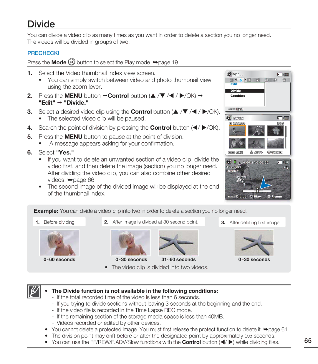 Samsung SMX-C24RP/XIL, SMX-C24BP/EDC, SMX-C200LP/EDC manual Divide function is not available in the following conditions 