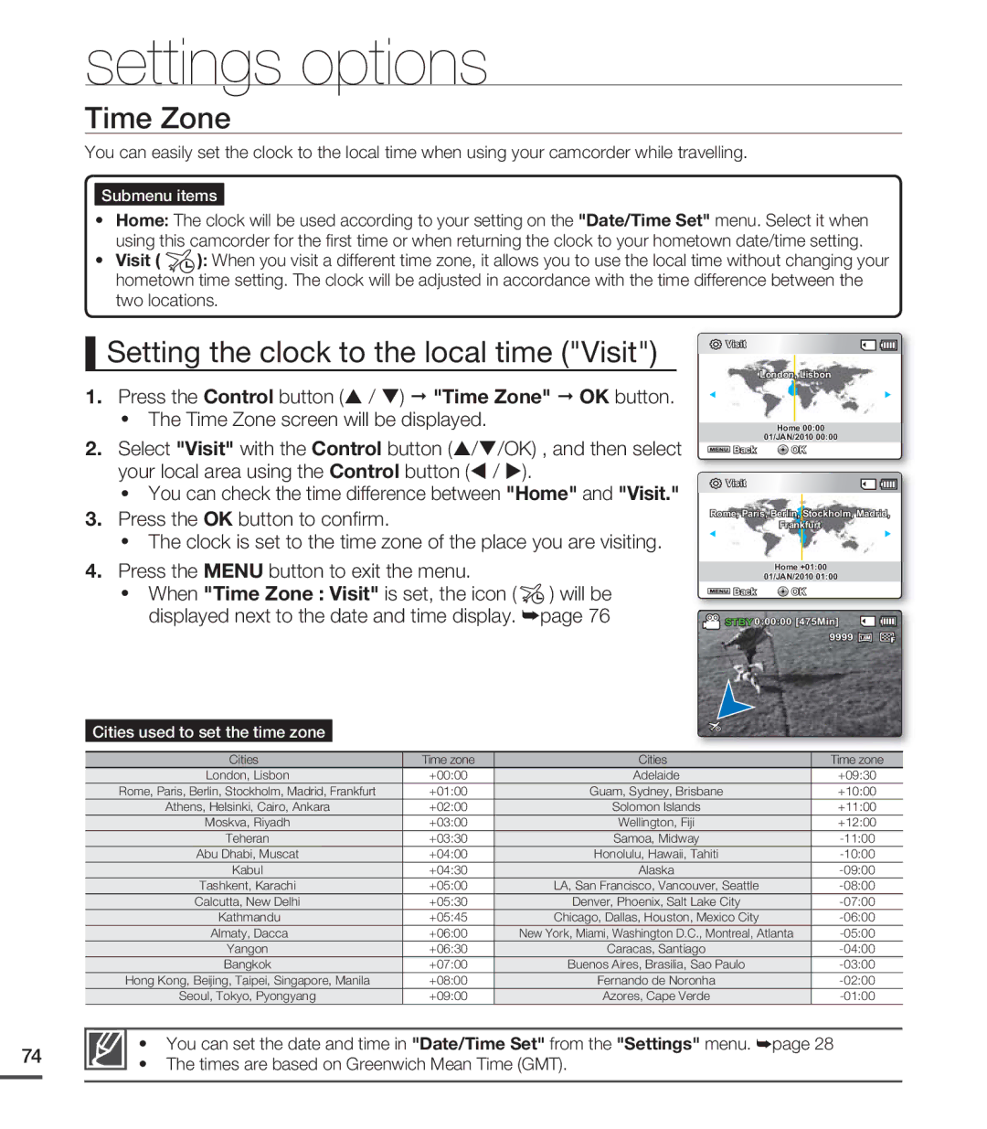 Samsung SMX-C200BP/EDC, SMX-C24BP/EDC, SMX-C200LP/EDC, SMX-C20RP/EDC Time Zone, Setting the clock to the local time Visit 