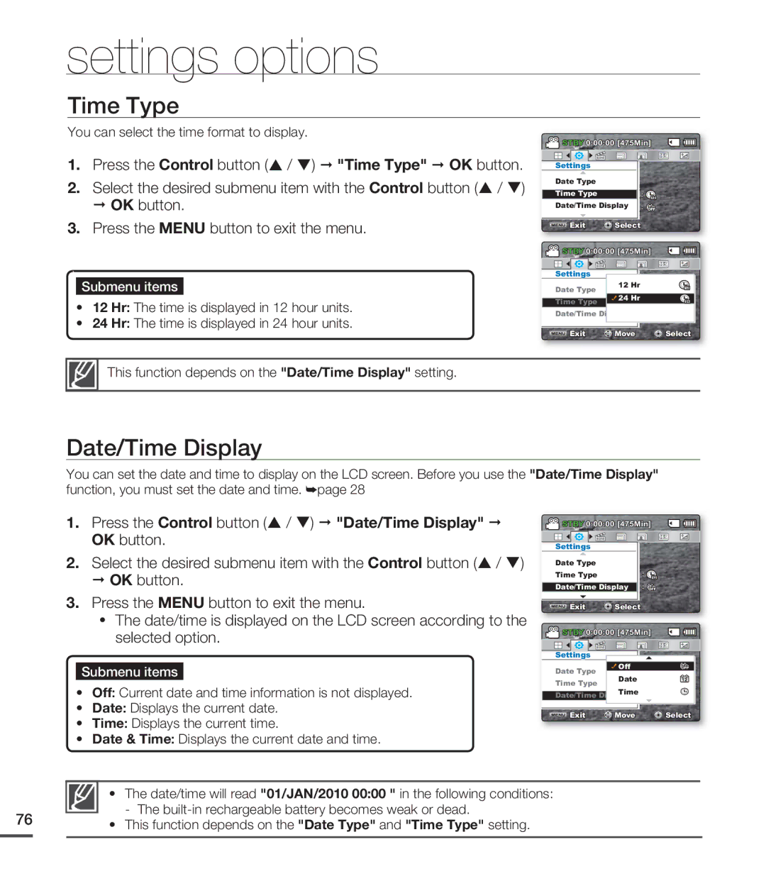 Samsung SMX-C24RP/EDC, SMX-C24BP/EDC, SMX-C200LP/EDC, SMX-C20RP/EDC, SMX-C20LP/XEU, SMX-C20LN/XAA Time Type, Date/Time Display 