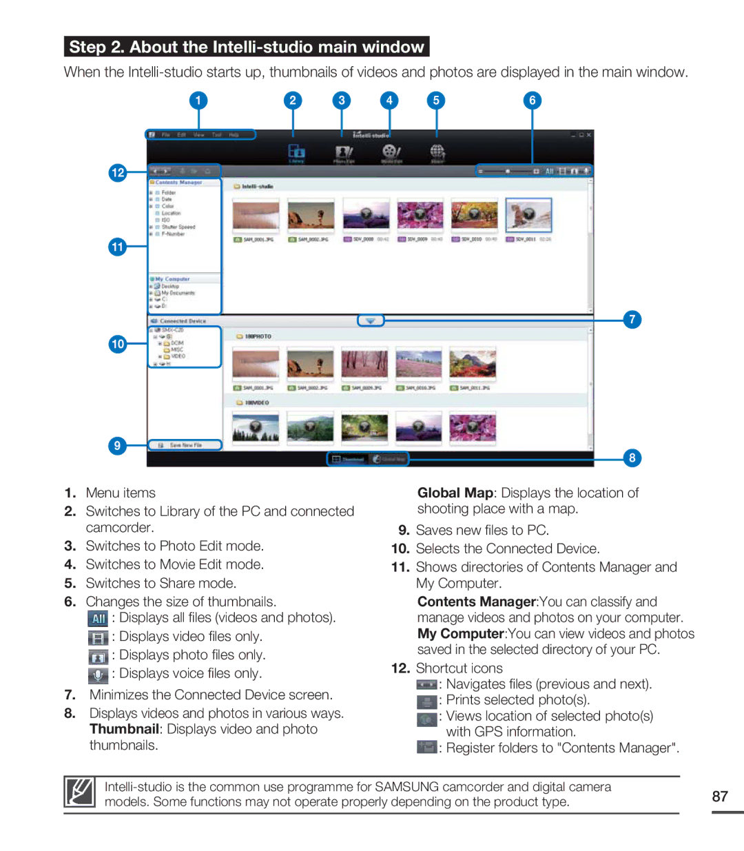 Samsung SMX-C20BP/AAW, SMX-C24BP/EDC, SMX-C200LP/EDC, SMX-C20RP/EDC, SMX-C20LP/XEU manual About the Intelli-studio main window 