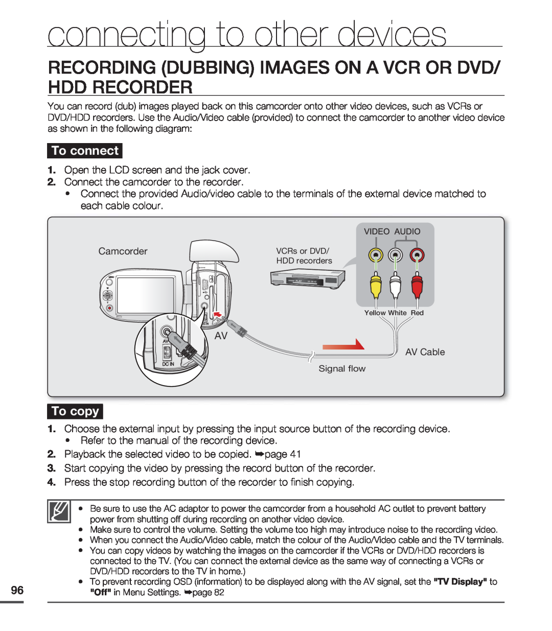 Samsung SMX-C24BP/XER, SMX-C24BP/EDC manual Recording Dubbing Images On A Vcr Or Dvd/ Hdd Recorder, To connect, To copy 