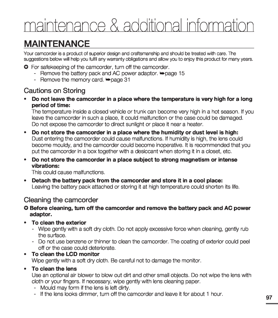 Samsung SMX-C20BP/XEK manual maintenance & additional information, Maintenance, Cautions on Storing, Cleaning the camcorder 