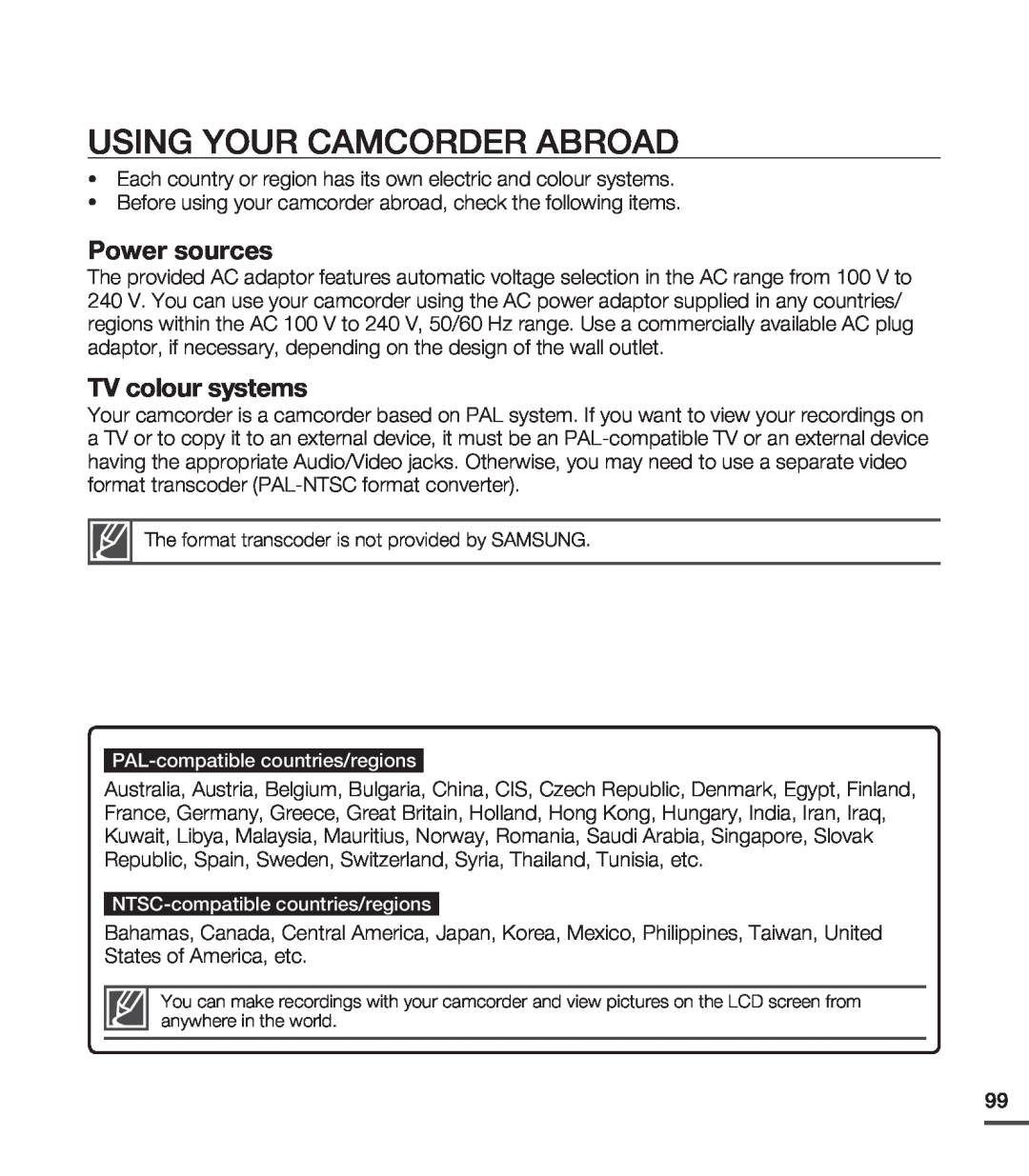 Samsung SMX-C24RP/XER, SMX-C24BP/EDC, SMX-C200LP/EDC manual Using Your Camcorder Abroad, Power sources, TV colour systems 